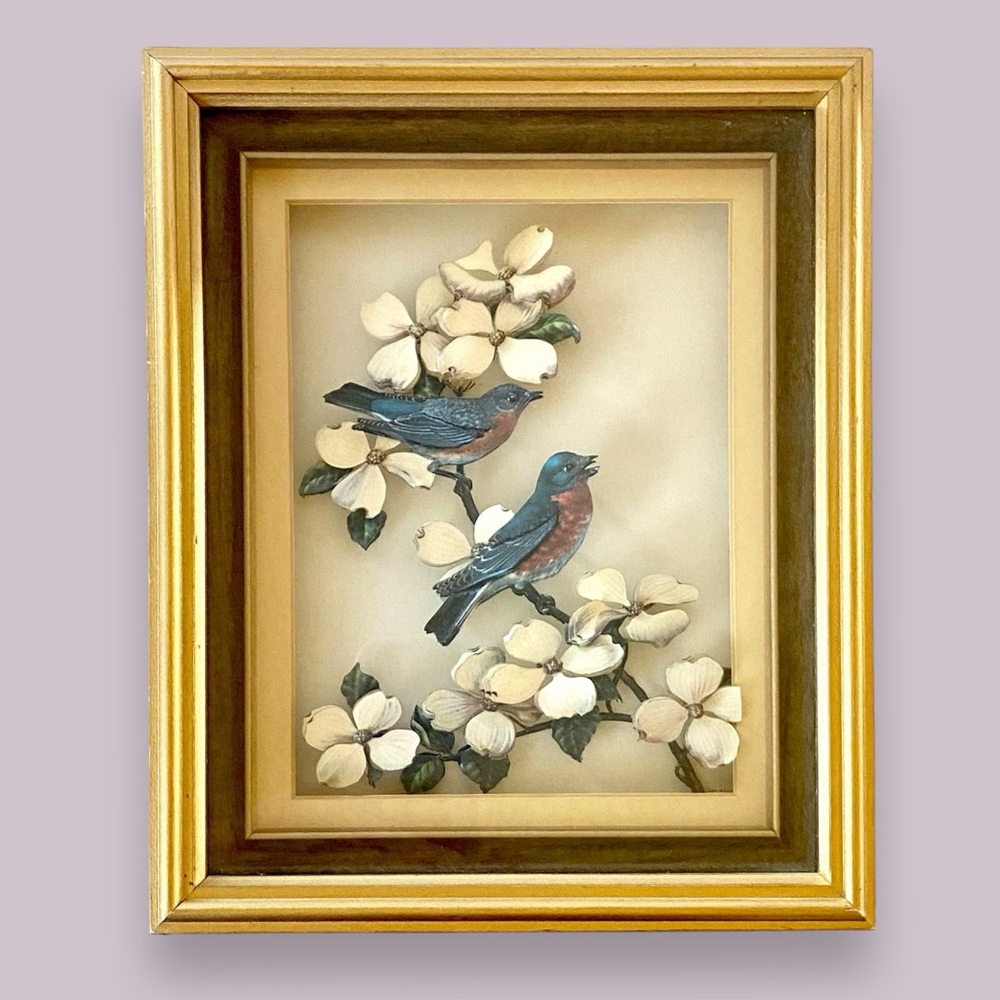 Vintage Mid Century 3-D Litho Bluebirds & Dogwood Bernard Picture Co 9 1/8” x 11